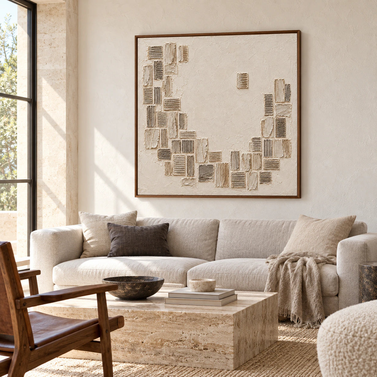 Large square ivory and taupe abstract artwork above a restrained sofa in a bright, open living room.