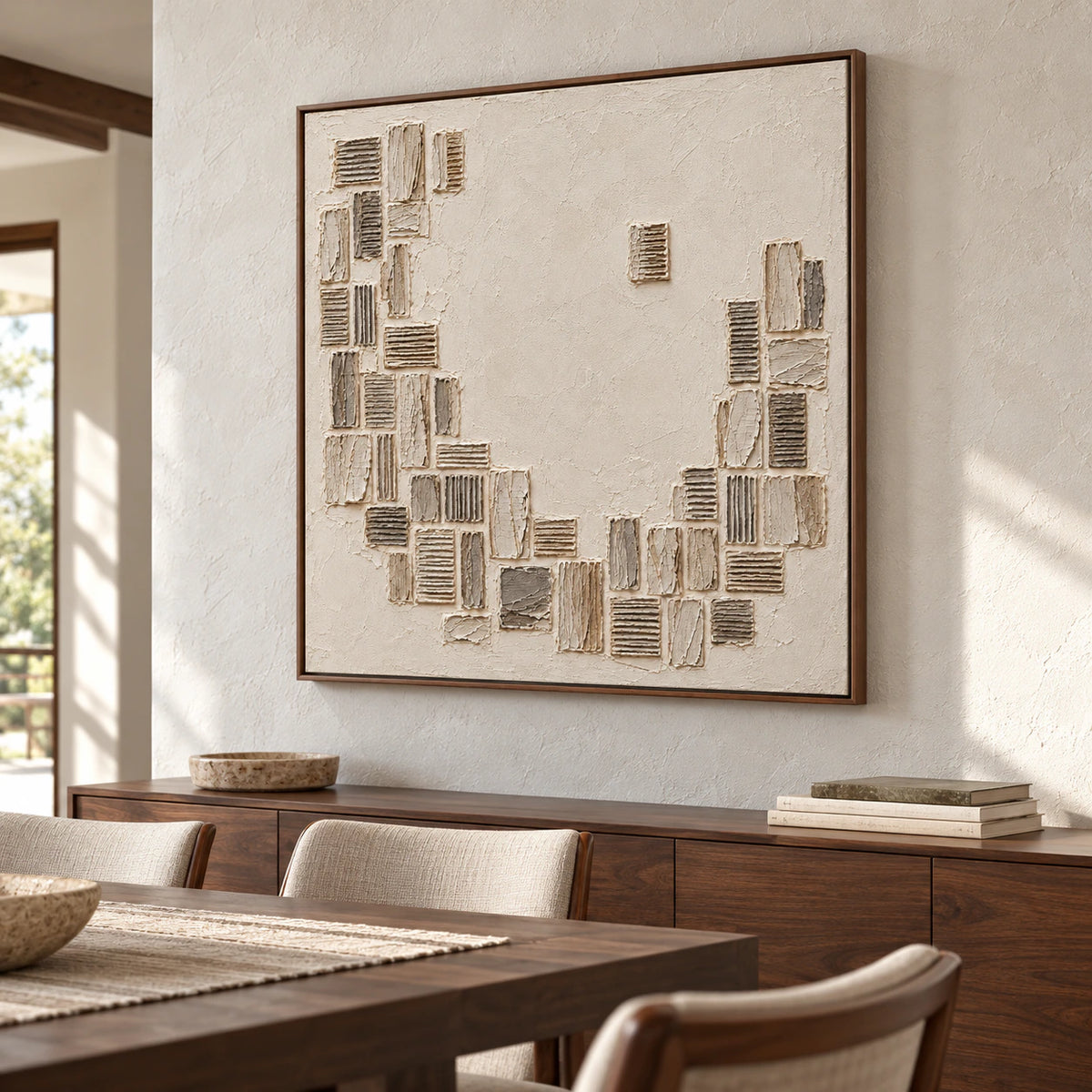 Square textured artwork displayed prominently on a pale wall in a refined dining room with a long table and natural daylight.