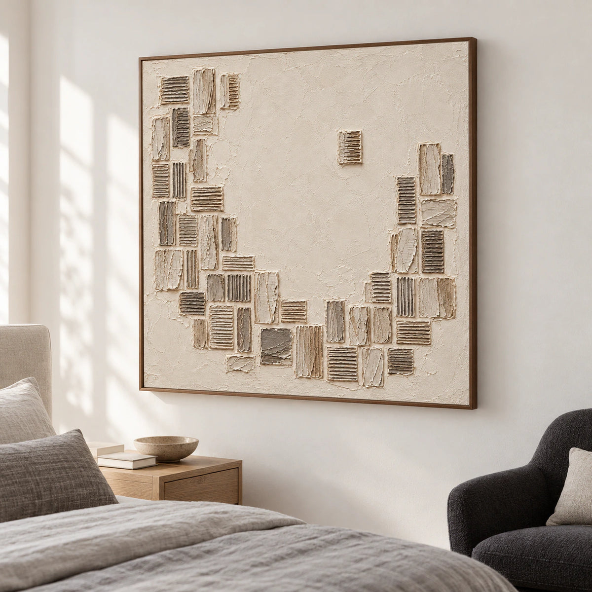 Ivory and taupe square artwork above a low bed in a quiet, softly lit bedroom.