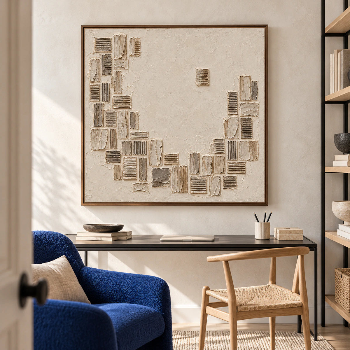 Square abstract artwork anchoring an airy home office with a simple desk and calm natural light.