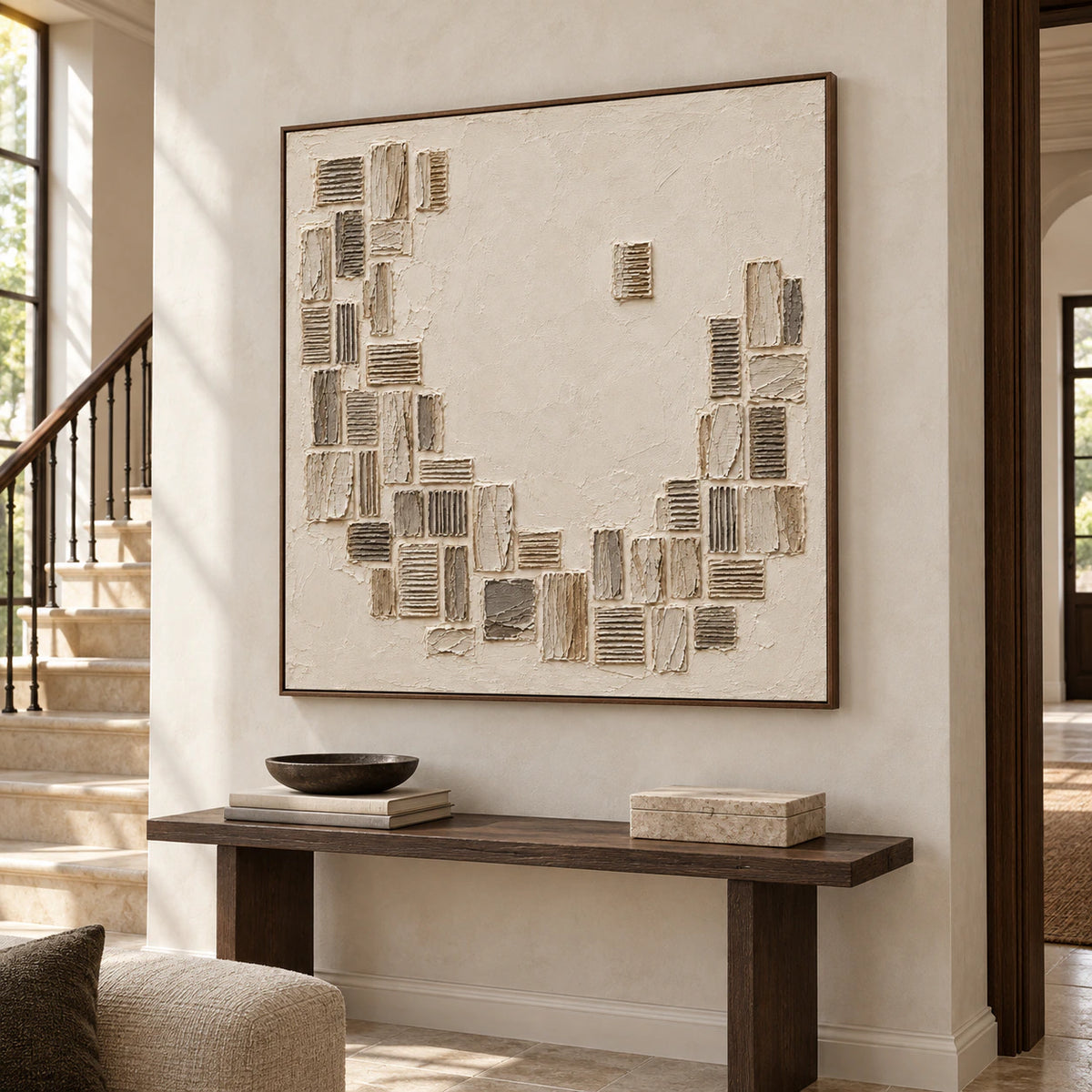 Large square relief-like artwork presented prominently in a bright, spacious foyer.