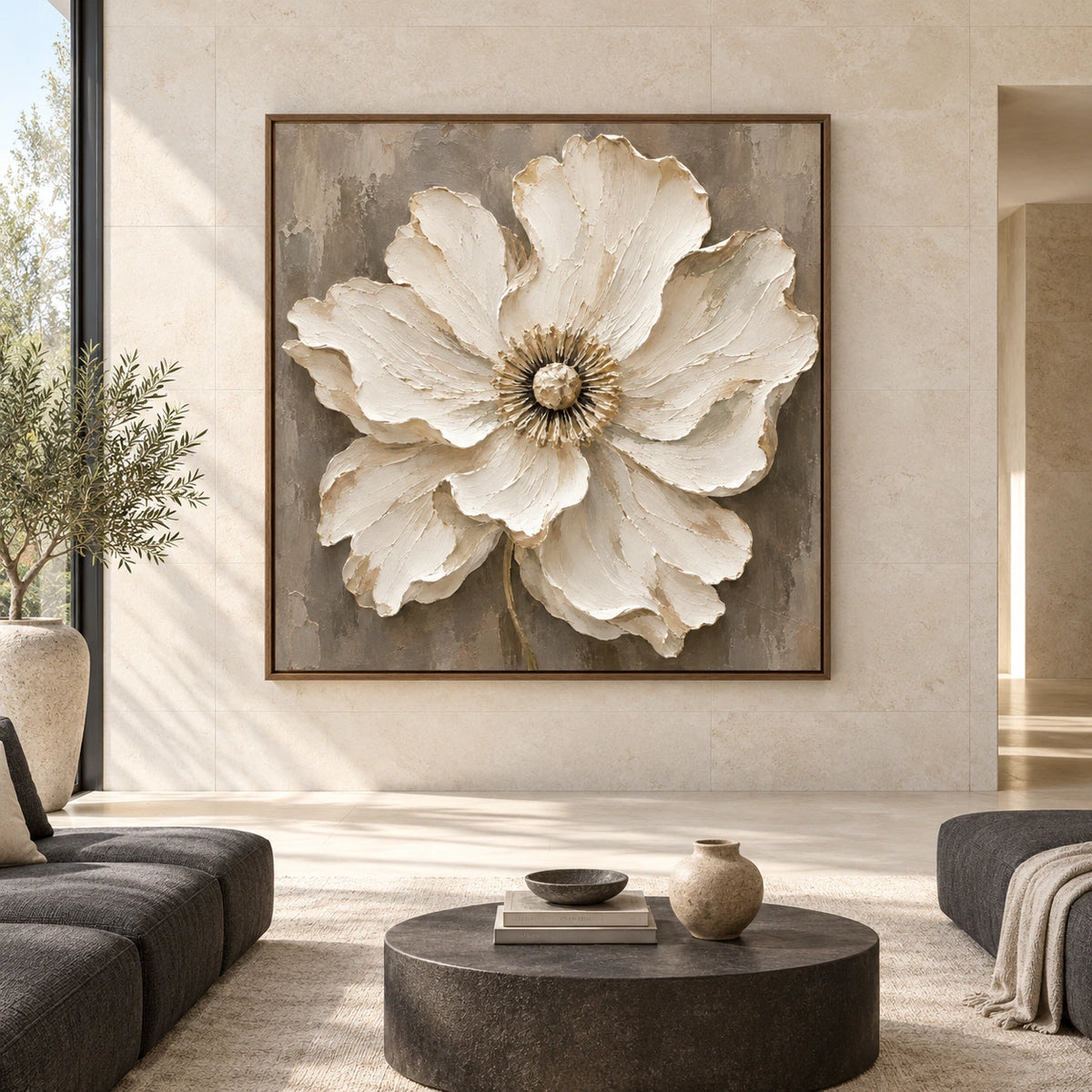 Large straight-on gallery view of Linen-Opulence, a square ivory textured flower artwork.