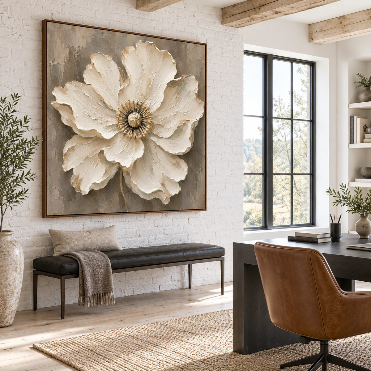 Linen-Opulence displayed at large scale in an airy reading office.