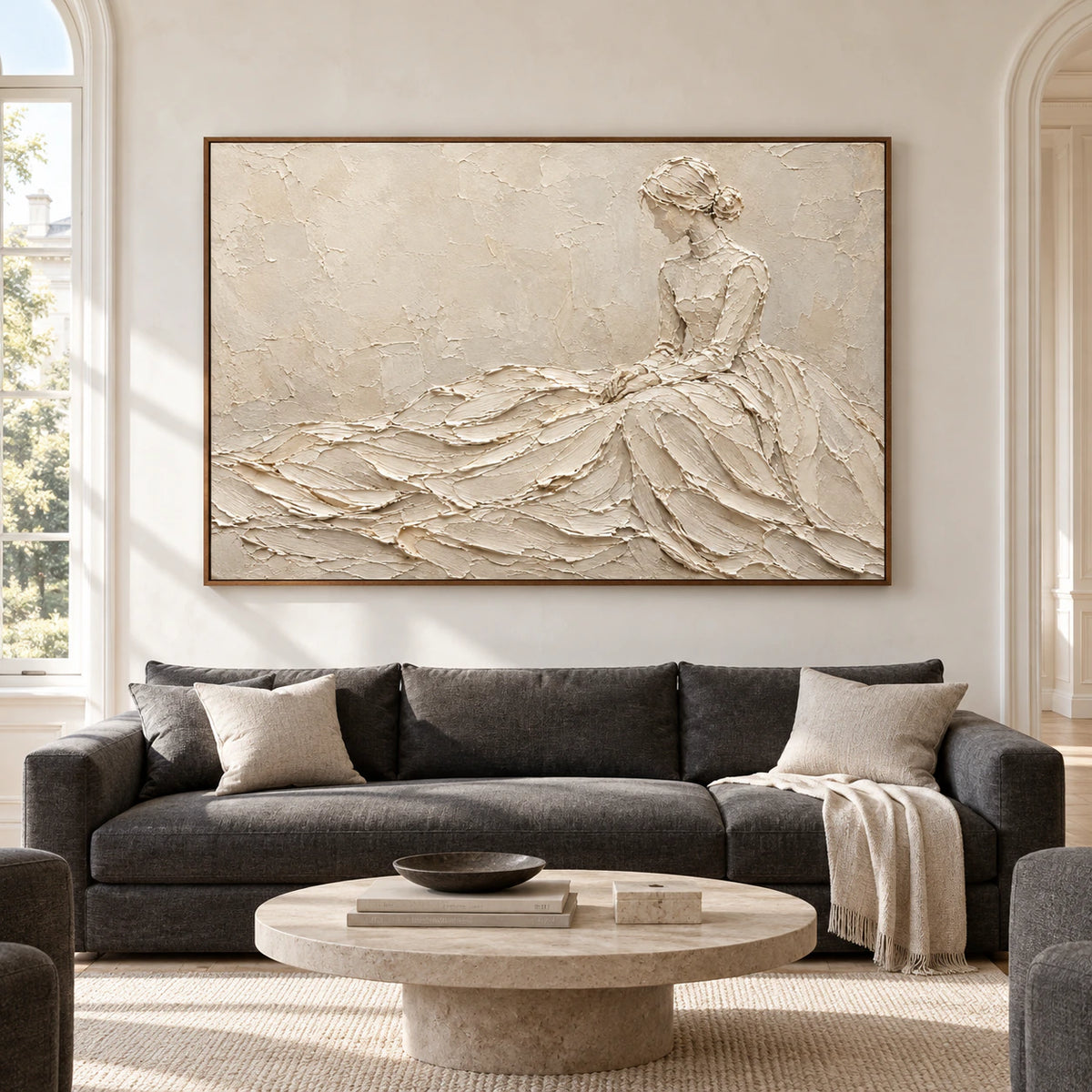 Large horizontal ivory figure painting centered on a spacious gallery wall.
