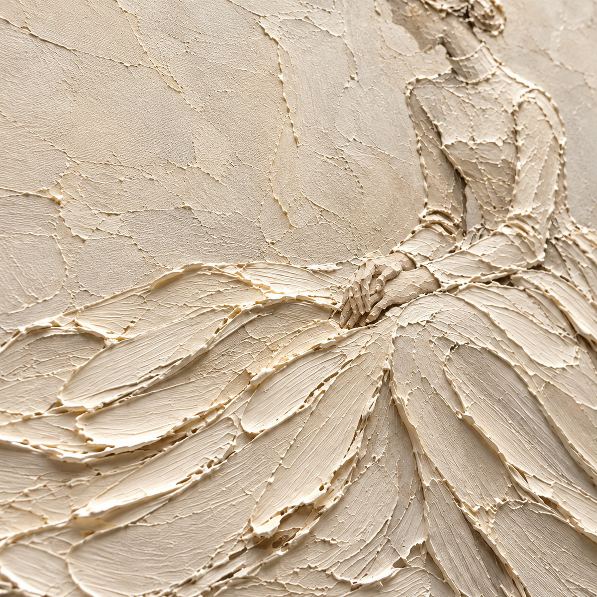 Linen-Presence oil painting brushwork and impasto detail photographed from an oblique side angle