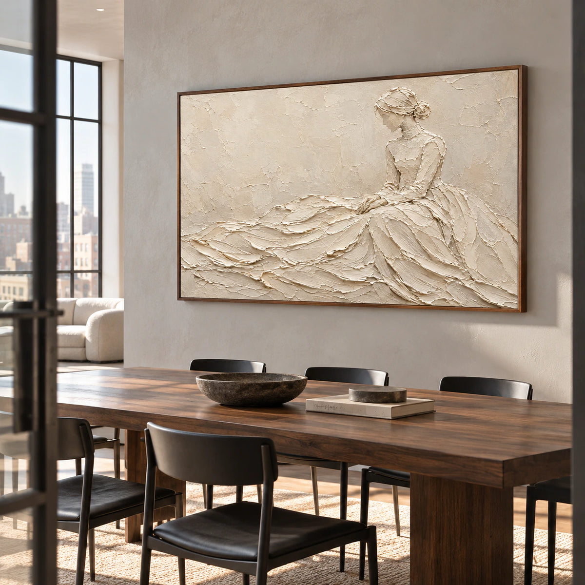 Horizontal ivory figure painting anchoring a refined dining room with a dark wood table.