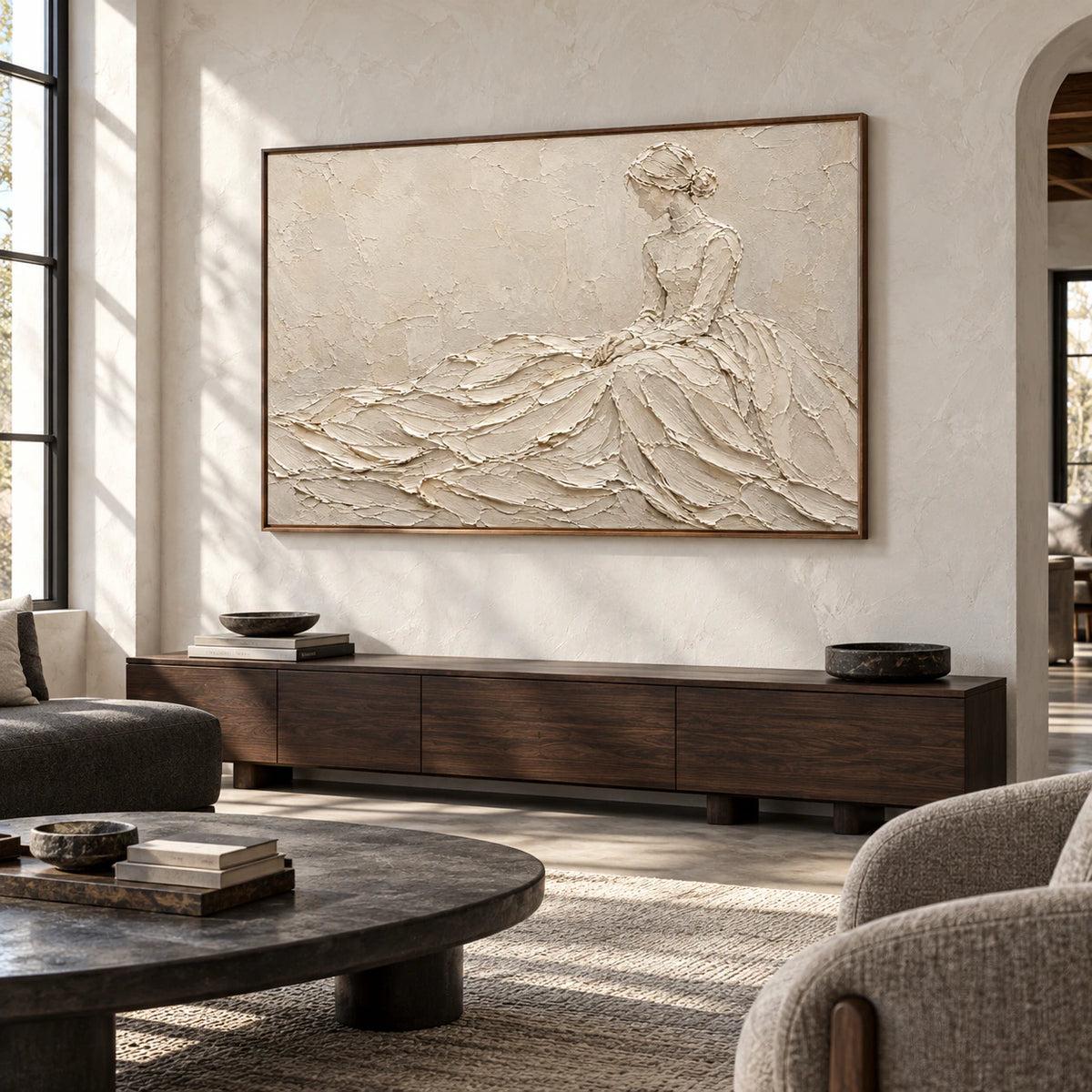 Large ivory textured painting displayed in an expansive loft interior with restrained furnishings.