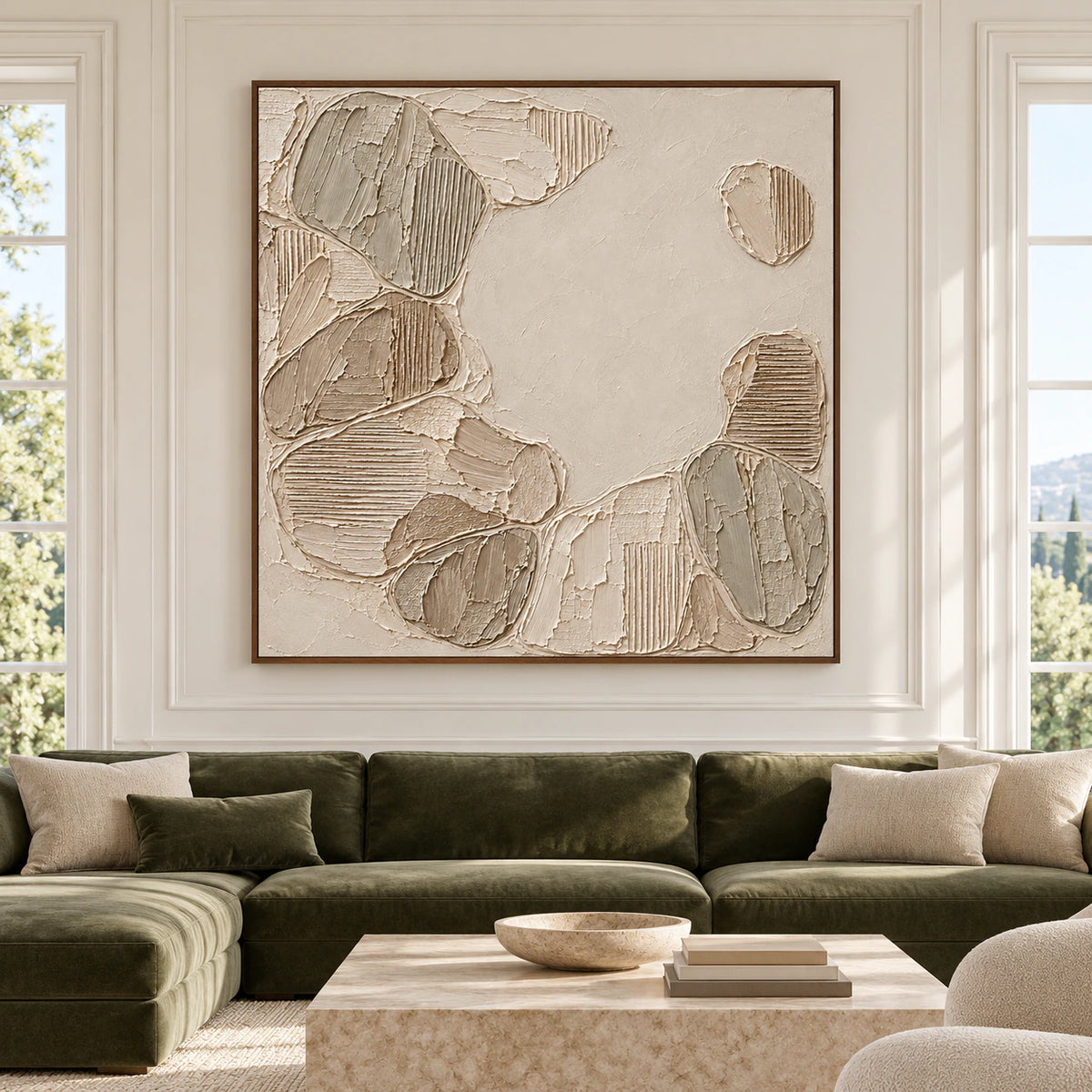 Large square ivory and taupe textured painting viewed straight on in an expansive living room with bright daylight and restrained contrasting furnishings.