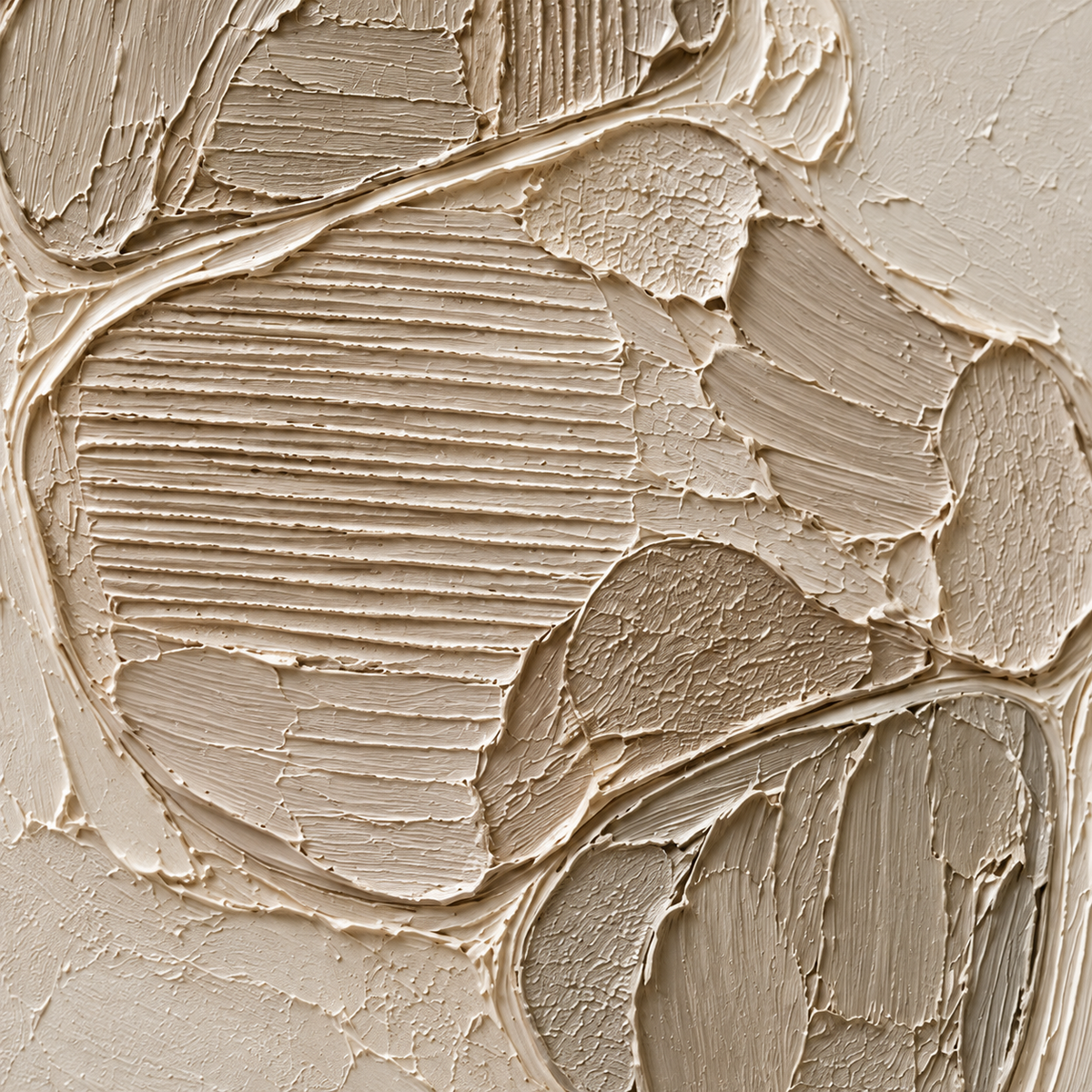 Oblique close-up of the painting’s ivory and taupe surface, with grazing light revealing raised paint, combed grooves and layered strokes.