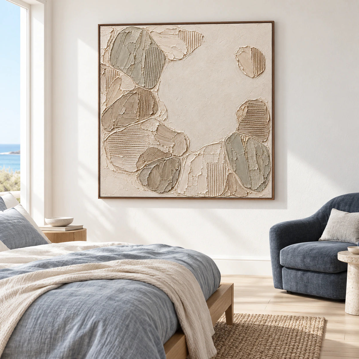 Square ivory and taupe textured painting above a low bed with muted blue-gray linen, viewed from a slightly elevated left angle in a bright bedroom.