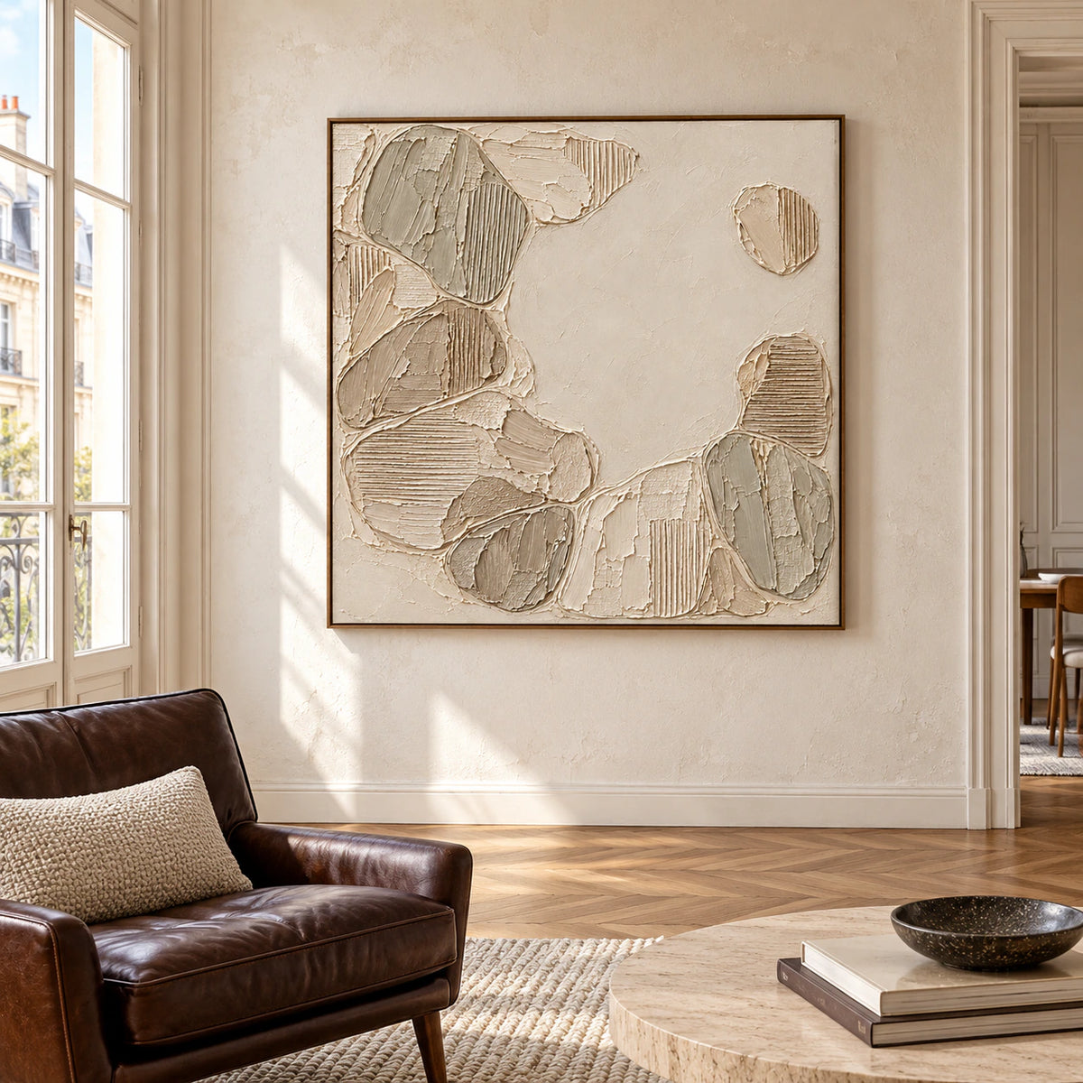Square ivory and taupe textured painting displayed in a classic living room with plaster walls and parquet flooring.