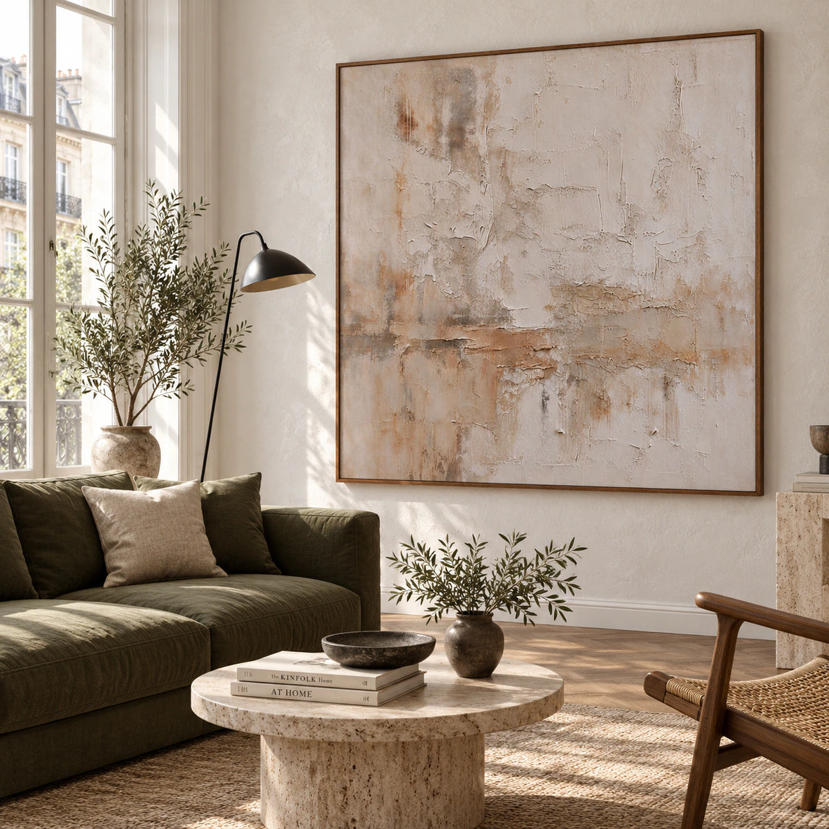 Square textured ivory abstract painting above a sofa in a bright living room.