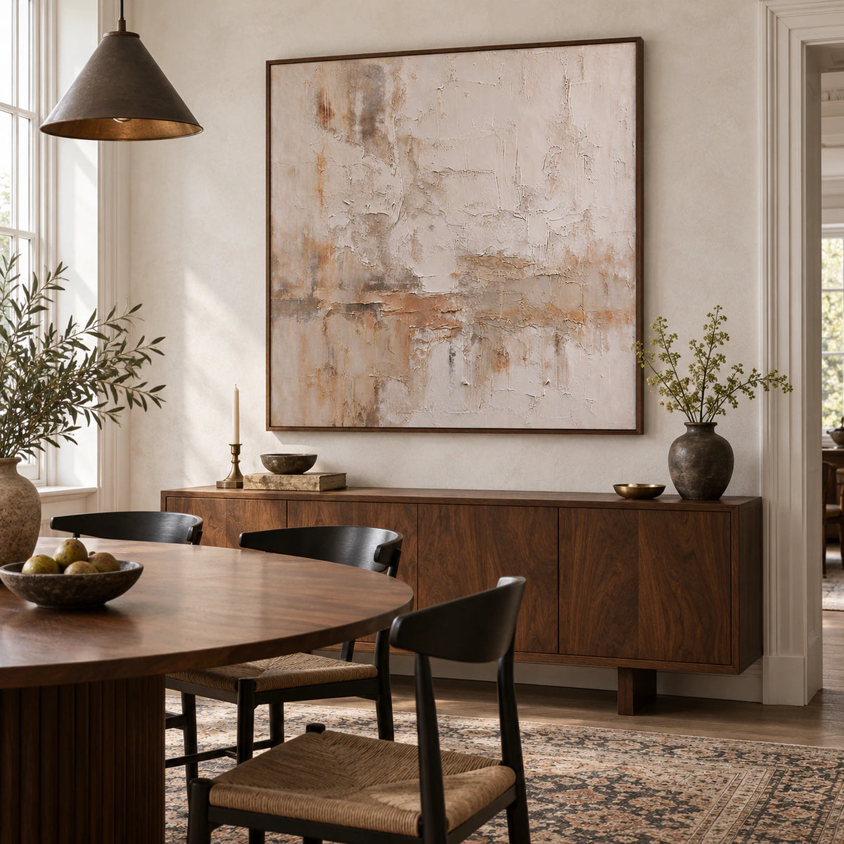 Square layered neutral abstract painting in a refined daylight dining room.