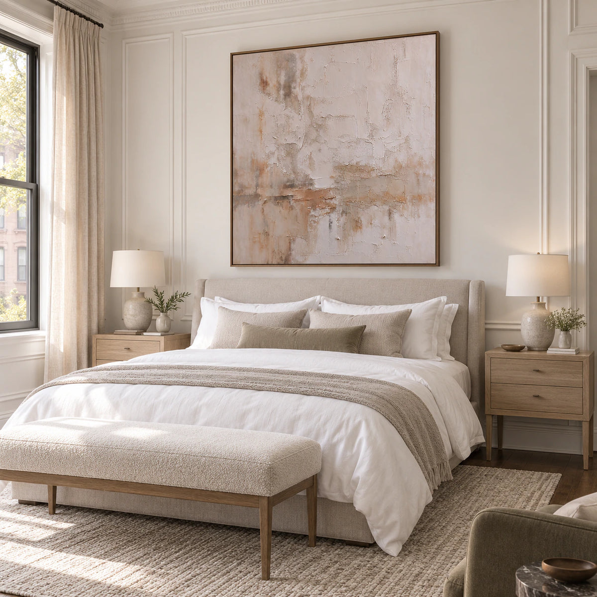 Square ivory and sand relief painting in a quiet, sunlit bedroom.