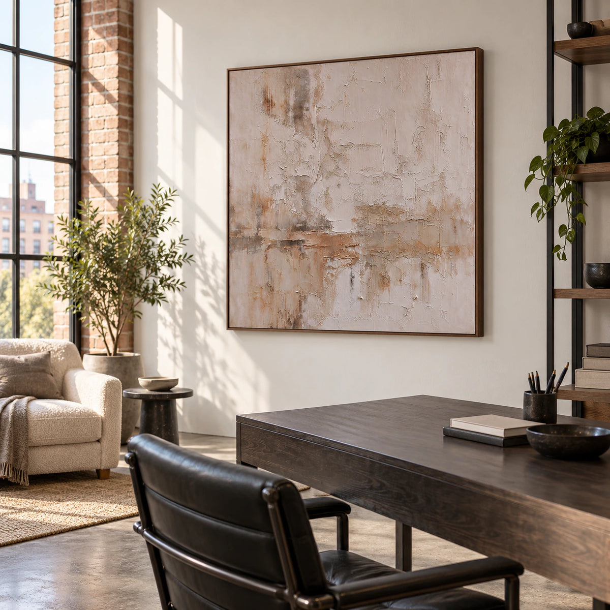 Square textured neutral abstract painting in an airy home office reading space.