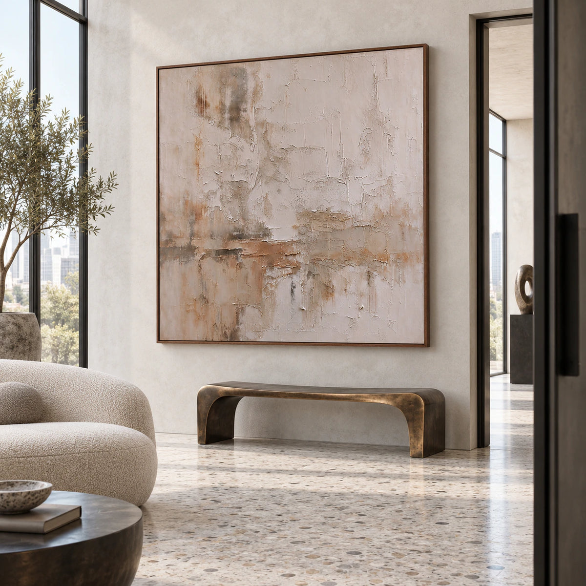 Large square textured abstract painting in a gallery-scale daylight foyer.
