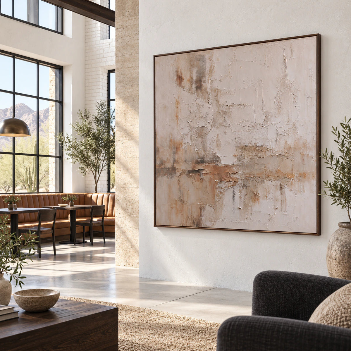 Square ivory and umber relief painting in an expansive, naturally lit loft interior.