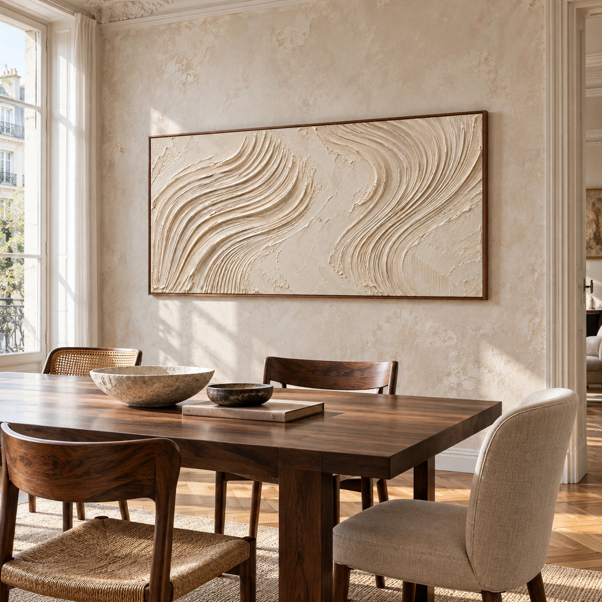 Ivory ridged abstract artwork anchoring a refined dining room with a dark wood table and restrained furnishings.