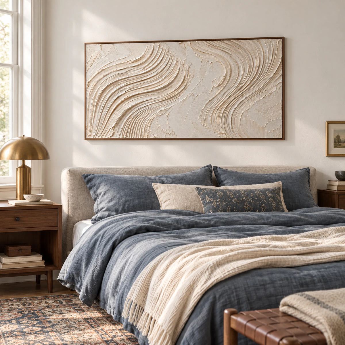 Wide cream and ivory abstract artwork above a low bed in a quiet, softly lit bedroom.
