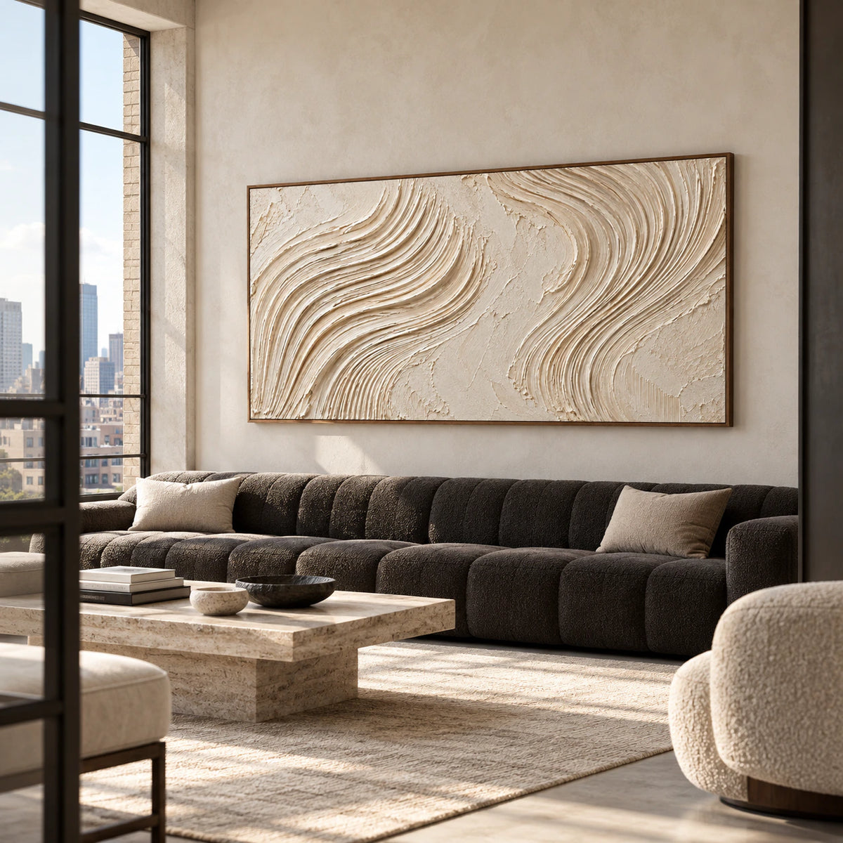 Large ivory abstract artwork commanding the wall of an expansive loft hospitality interior with daylight and restrained furnishings.