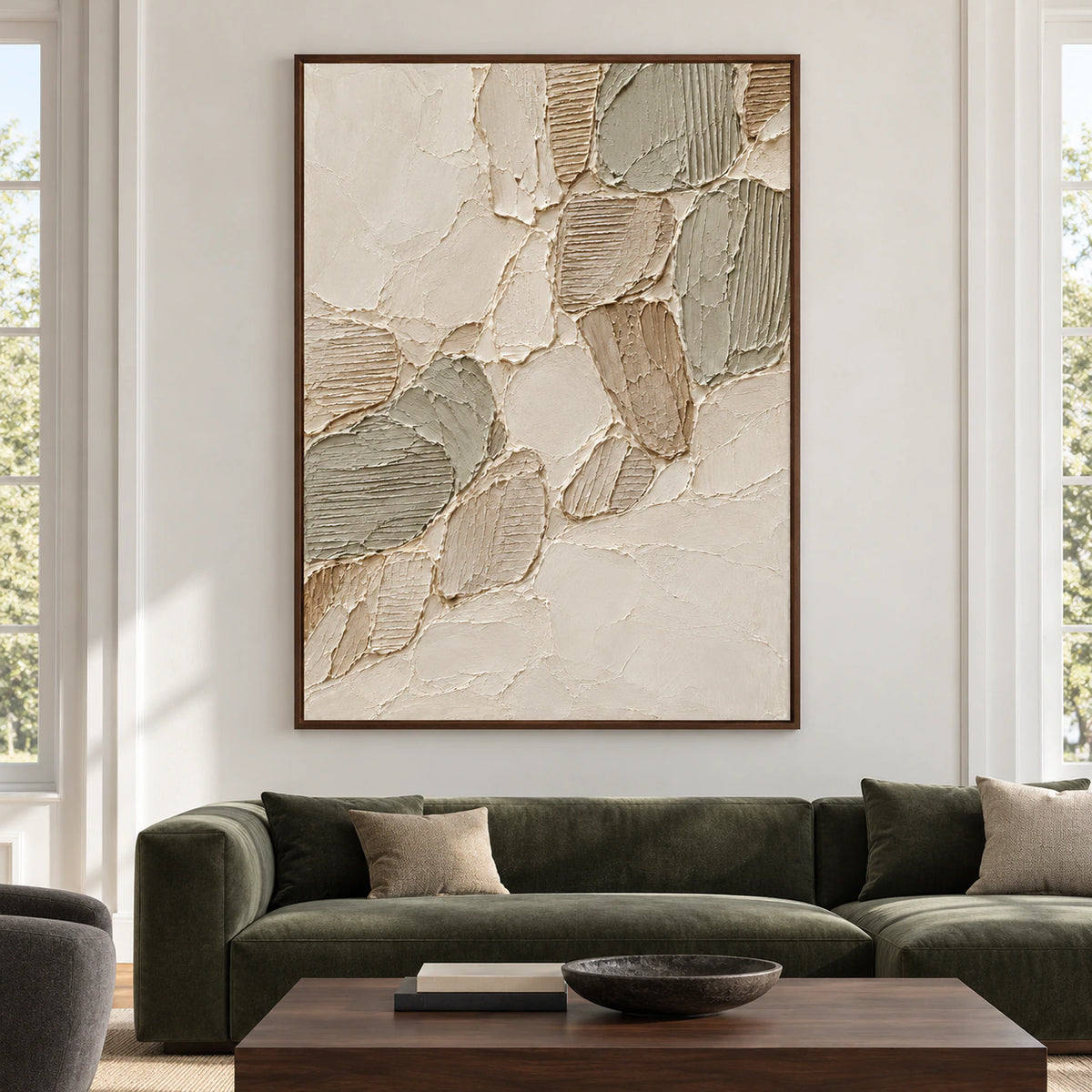 Large vertical Linen-Tesserae artwork viewed straight on in a spacious architectural room with restrained contrasting furniture and bright natural daylight.
