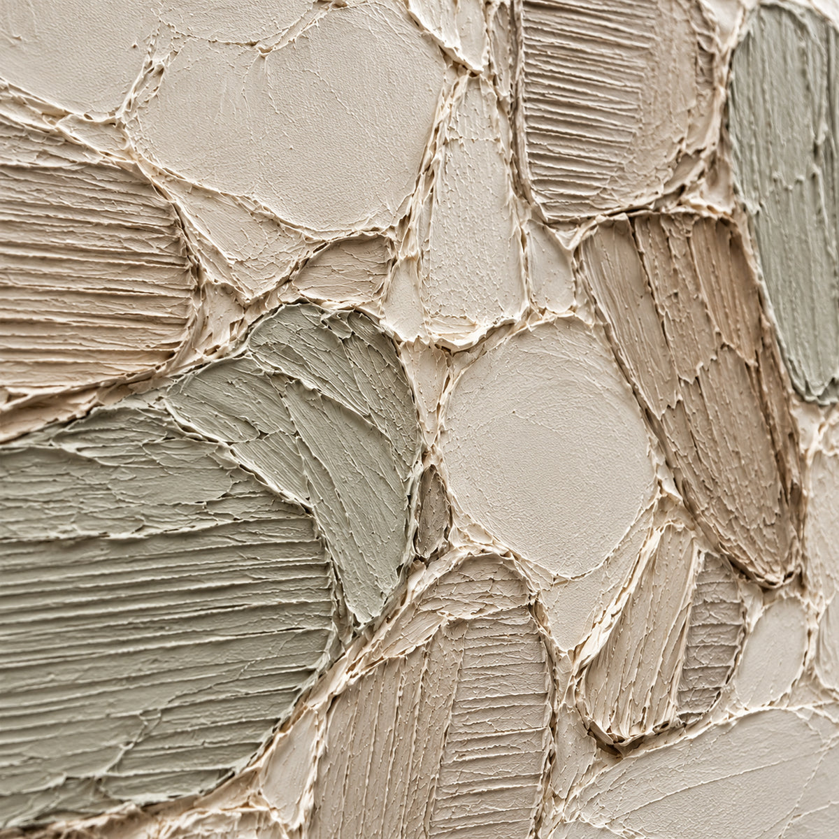 Oblique close-up of Linen-Tesserae oil painting, showing scraped surfaces, combed ridges and raised paint under grazing directional light.