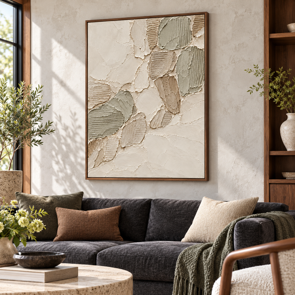 Vertical Linen-Tesserae artwork above a charcoal sofa on a pale cool-gray living room wall, viewed from the left at seated eye level in daylight.
