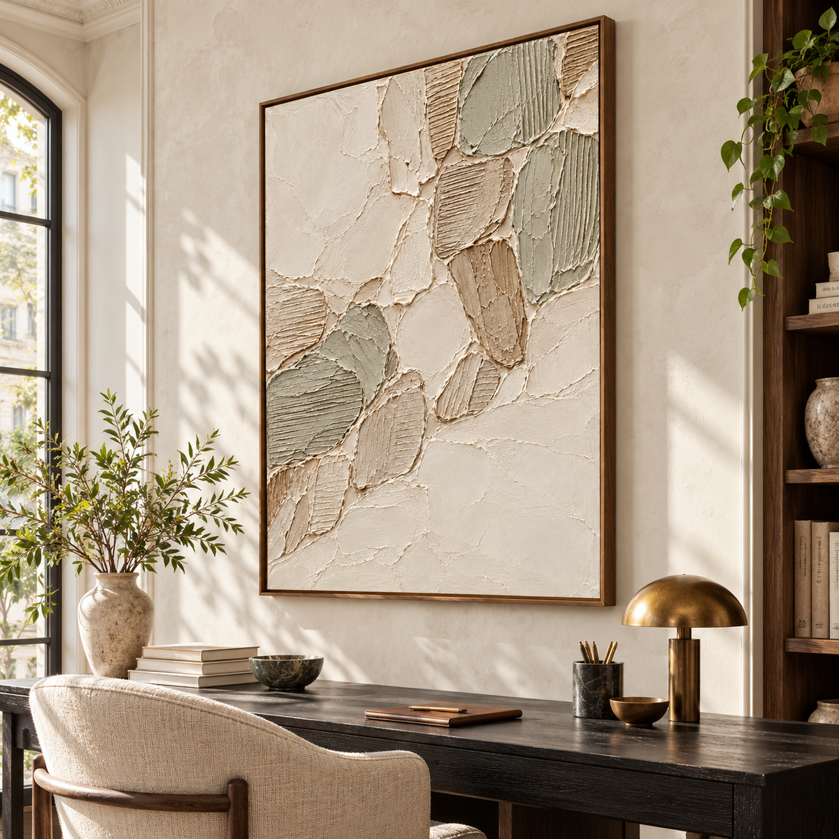 Vertical Linen-Tesserae artwork above a black writing desk on a pale plaster wall in an airy home office, viewed from the right at standing height.