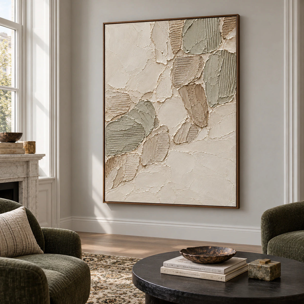 Vertical Linen-Tesserae artwork on a pale gray wall in a bright classic lounge with deep green lounge chairs and a dark low table, viewed from the right at standing height.