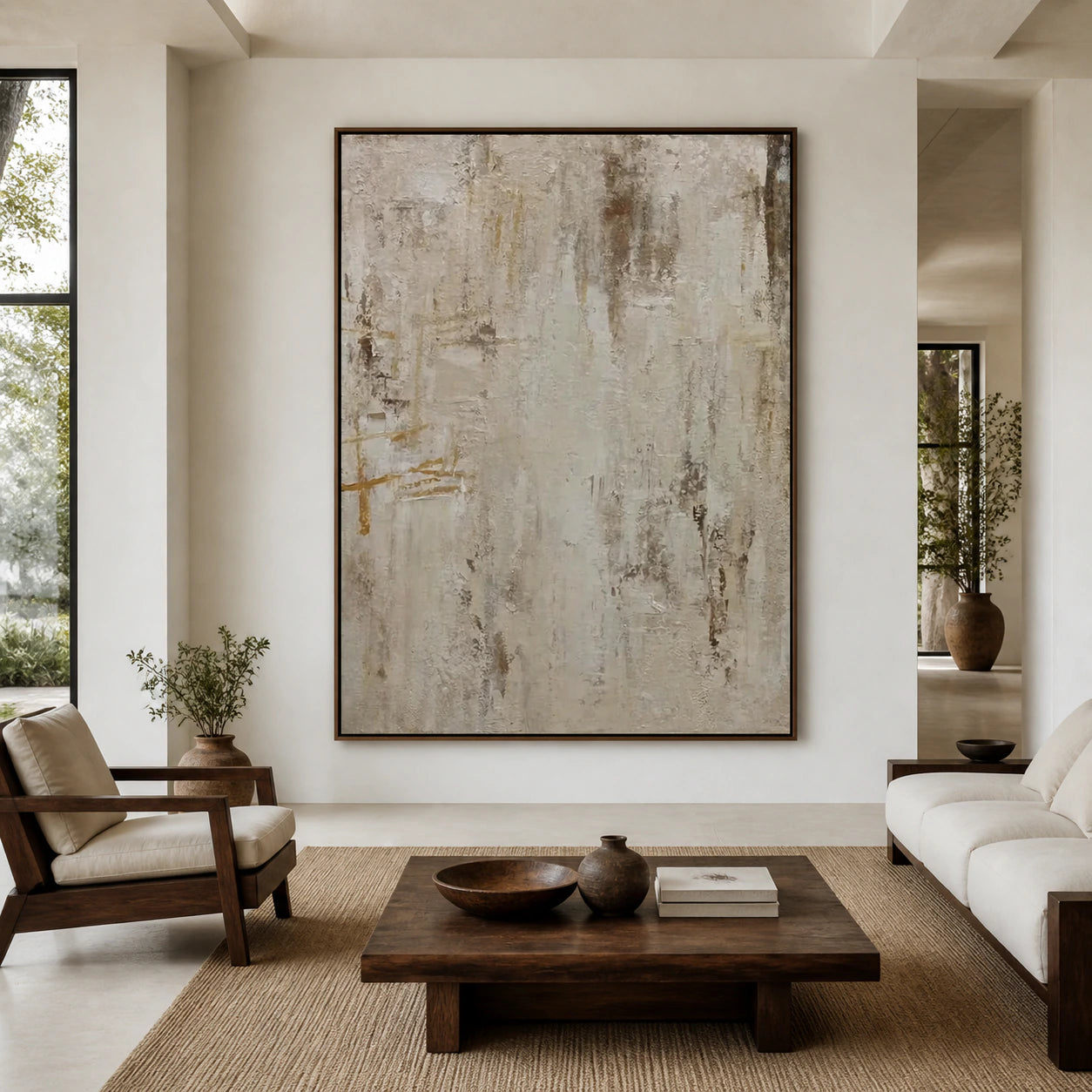 Large vertical Linen-Trace painting displayed straight-on in a bright architectural living space.