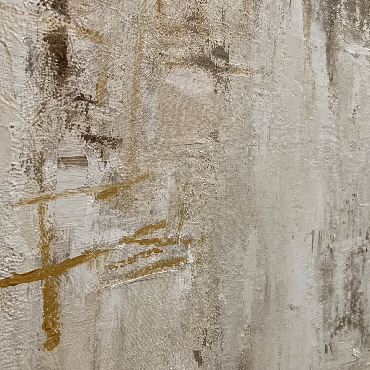 Linen-Trace oil painting brushwork and impasto detail photographed from an oblique side angle