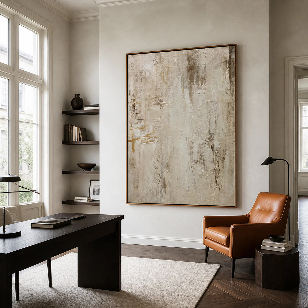 Linen-Trace painting in an airy home office reading space.