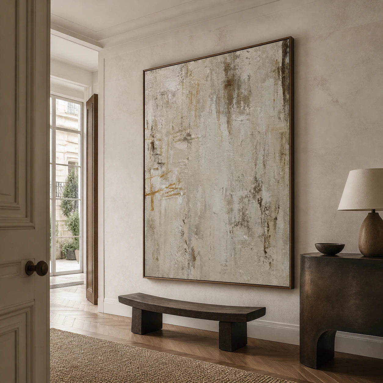 Linen-Trace painting at gallery scale in a bright stone foyer.