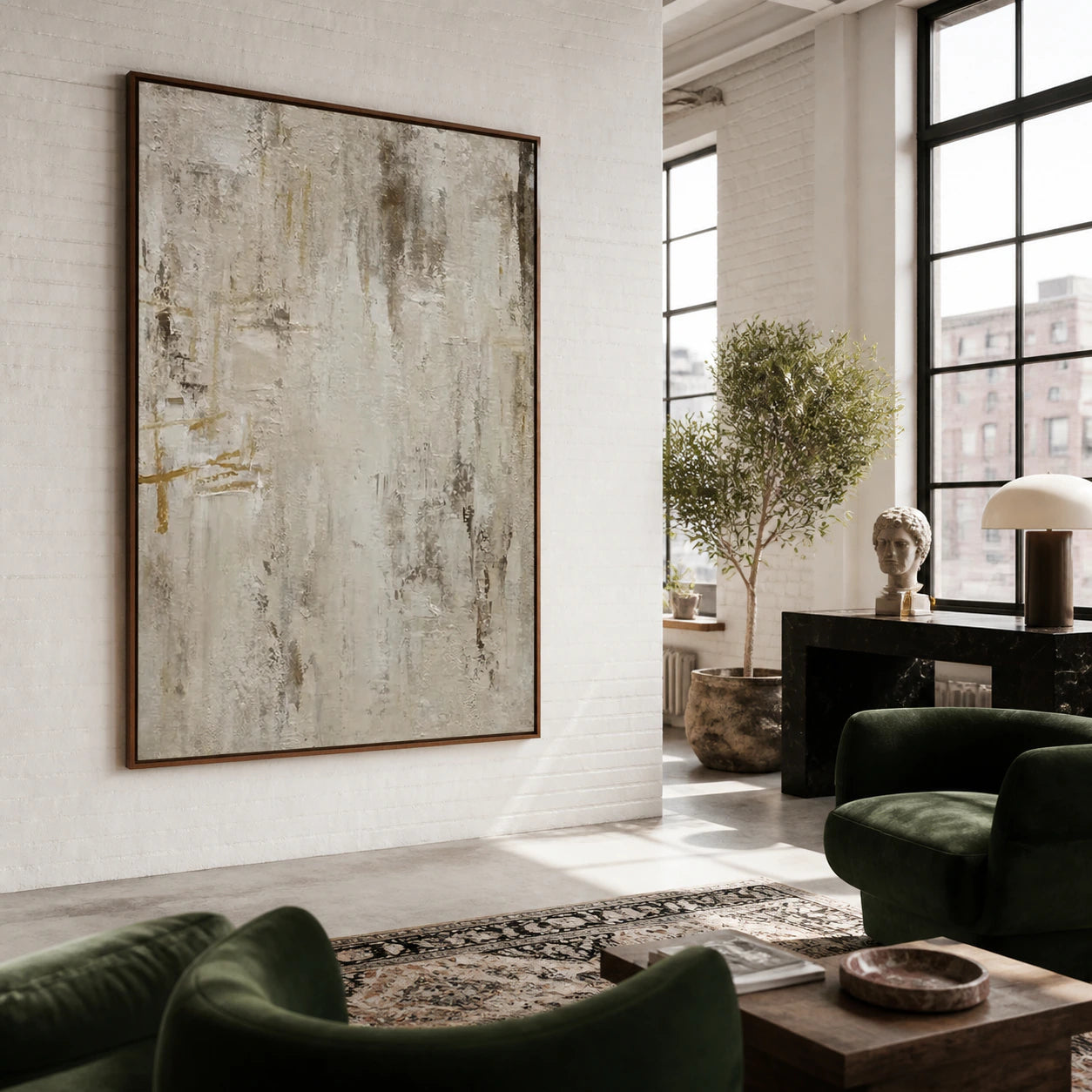Linen-Trace painting in an expansive sunlit hospitality loft interior.