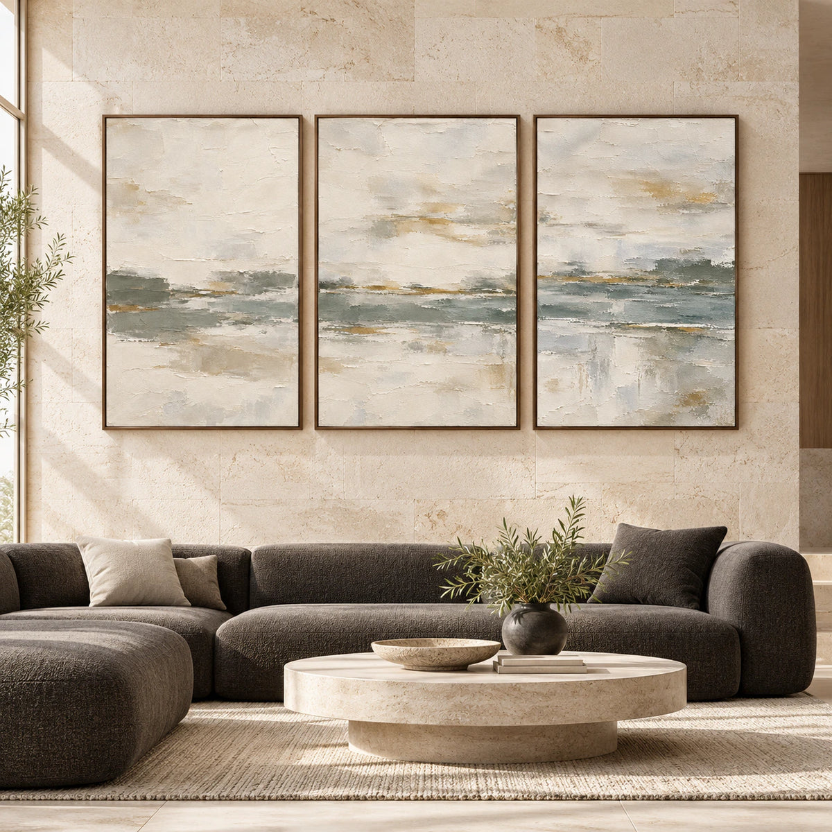Large straight-on gallery view of the Littoral-Palimpsest triptych in slim walnut frames.