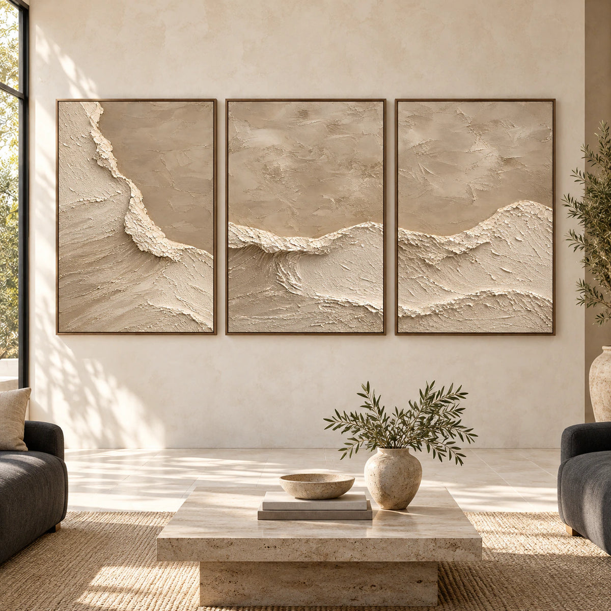 Large straight-on view of the Loam-Range triptych in a spacious daylight interior.