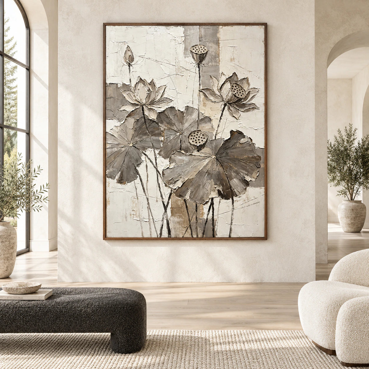 Lotus-Relief displayed at large scale in a spacious contemporary interior.