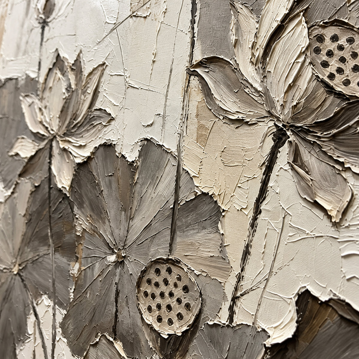 Lotus-Relief oil painting brushwork and impasto detail photographed from an oblique side angle
