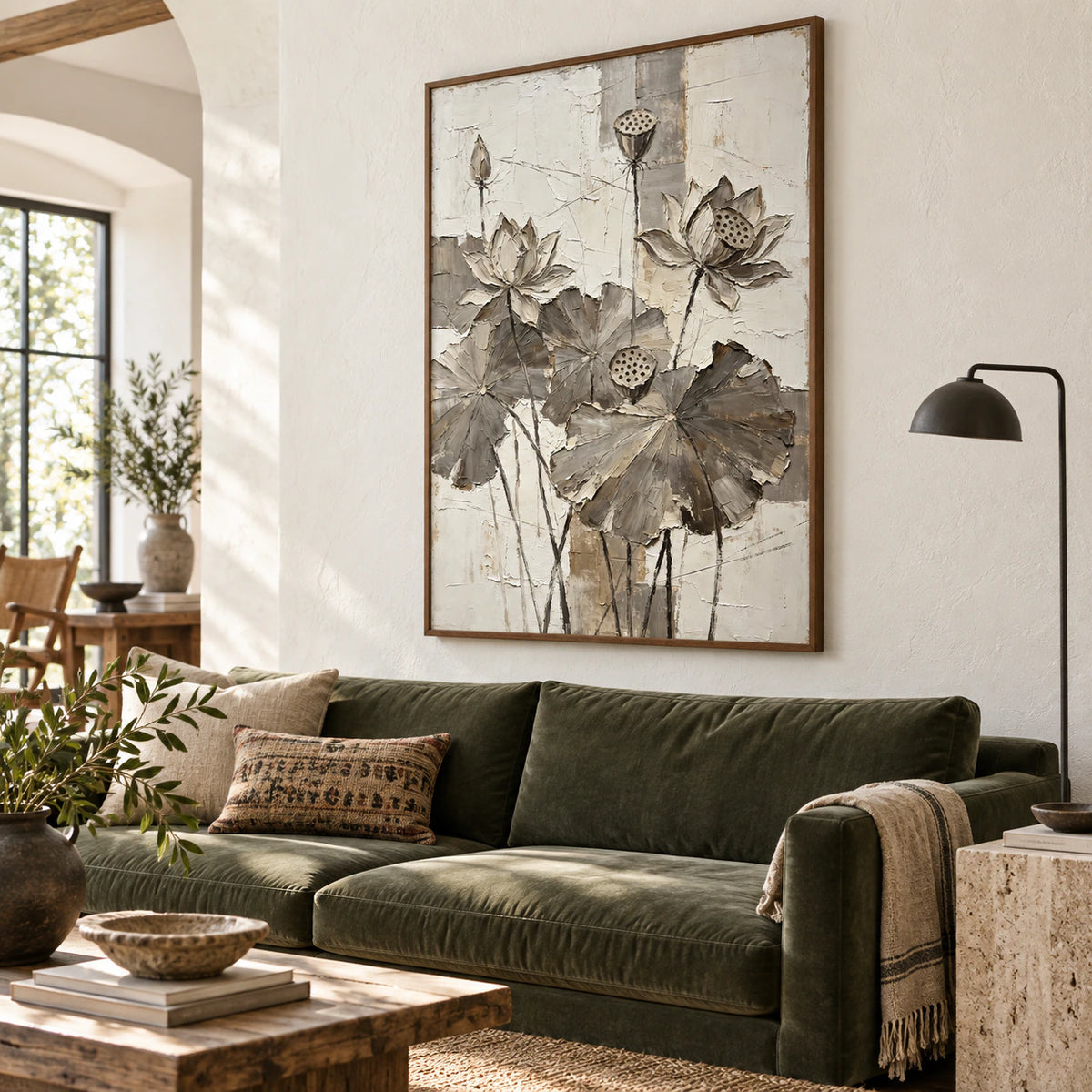 Lotus-Relief above a sofa in a bright contemporary living room.