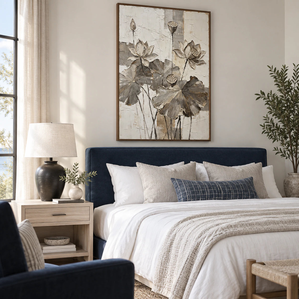 Lotus-Relief as the focal artwork in a quiet neutral bedroom.
