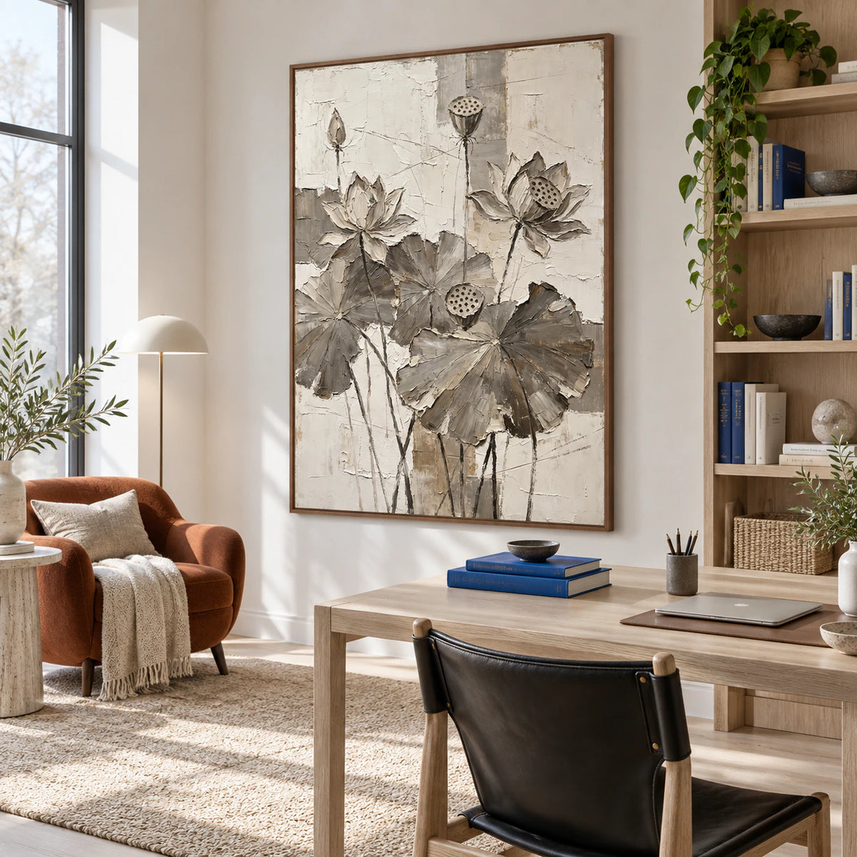 Lotus-Relief in an airy home office reading space.