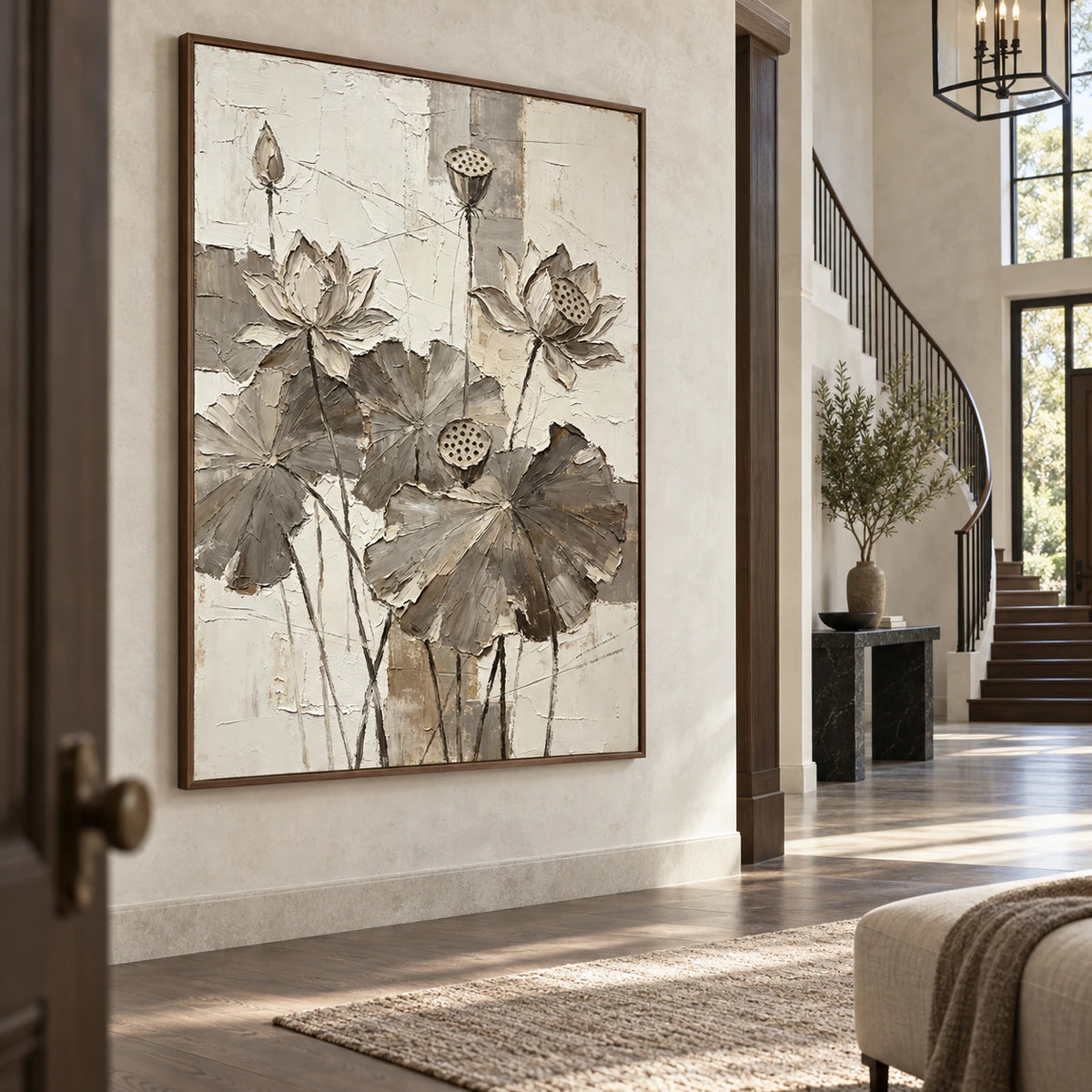 Lotus-Relief at gallery scale in a bright architectural foyer.