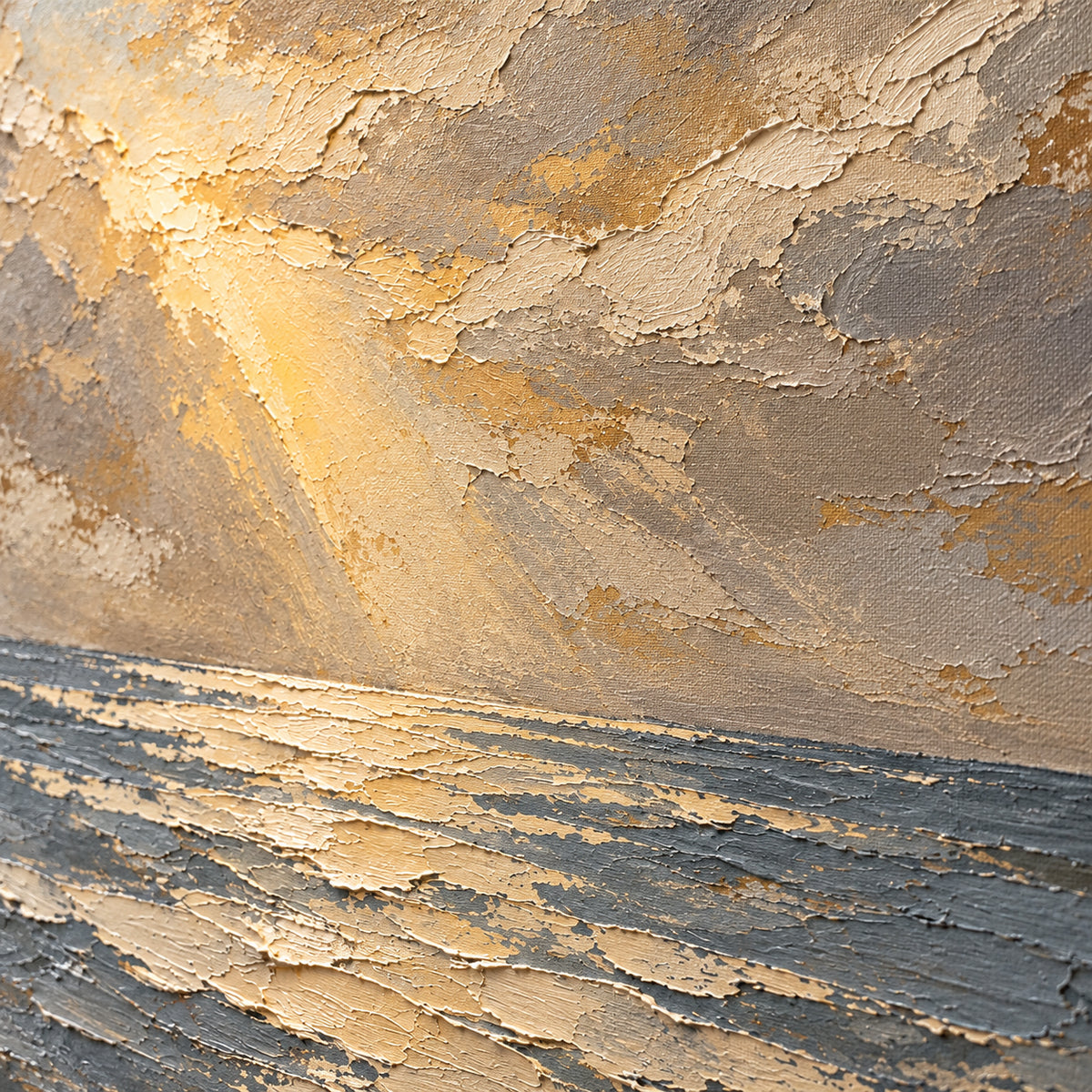 Oblique close-up of the oil painting, showing raised paint ridges, broken strokes and color transitions under grazing directional light.