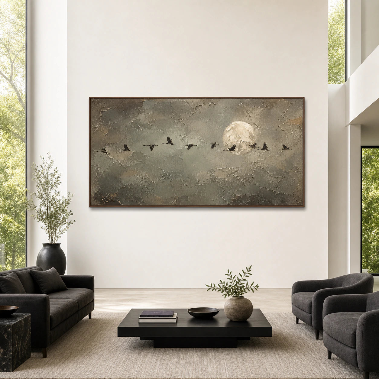 Large Lunar-Migration artwork presented straight-on in a bright, double-height architectural salon.