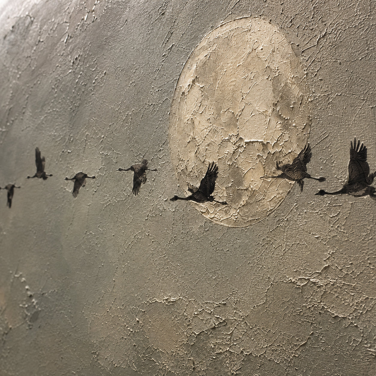 Lunar-Migration oil painting brushwork and impasto detail photographed from an oblique side angle
