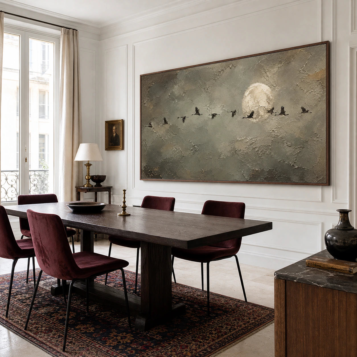 Large panoramic artwork overlooking a dark timber table in a refined, daylight-filled dining room.