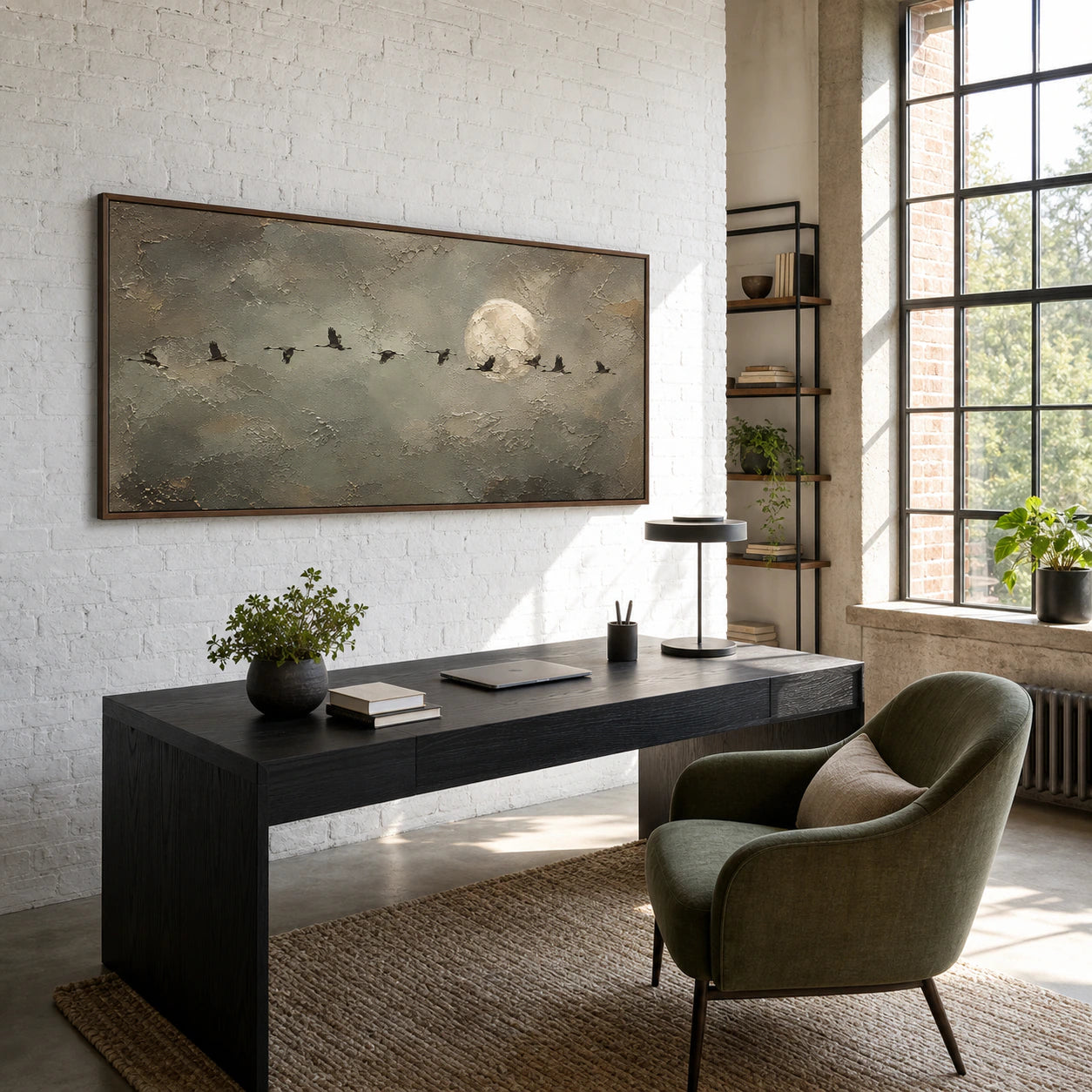 Panoramic moon and flock artwork commanding an airy home office with blackened wood furnishings.