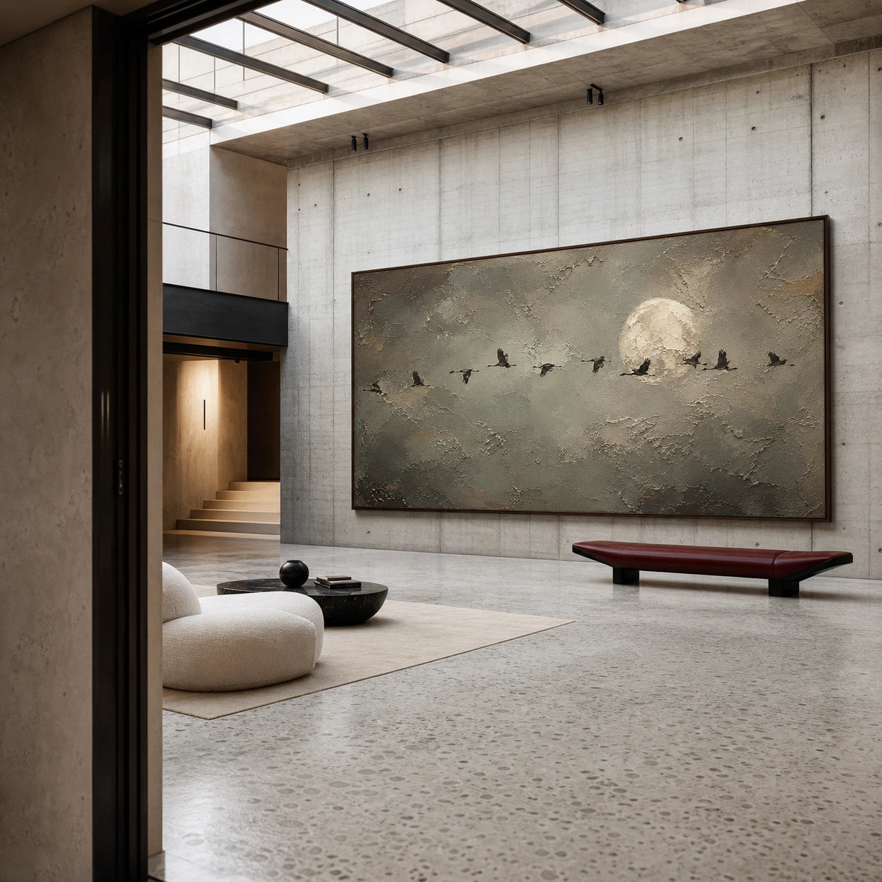 Monumental Lunar-Migration artwork anchoring a bright gallery-scale foyer with sculptural architecture.