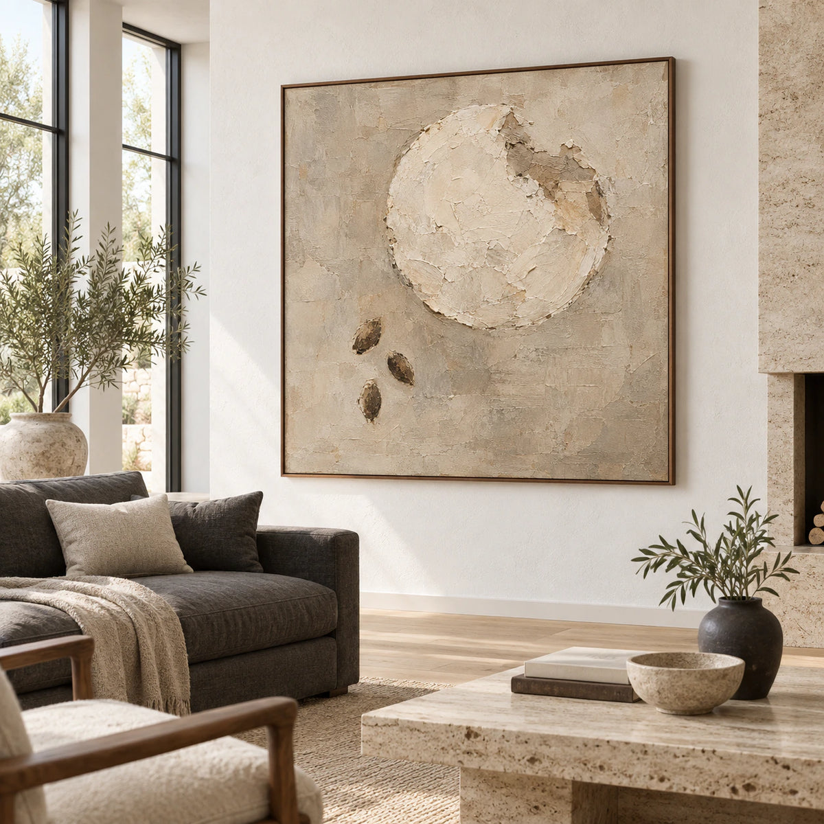 Lunar-Relief as a large focal artwork in a bright living room.