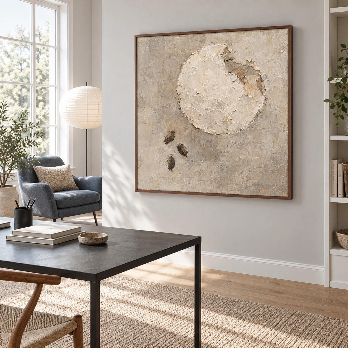 Lunar-Relief as the focal point of an airy home office reading space.